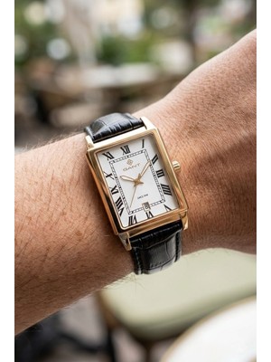 Gant Gold Dikdörtgen Kasa Erkek Kol Saati | 28.5 mm Çelik Kasa, Siyah Deri Kordon, Beyaz Kadran