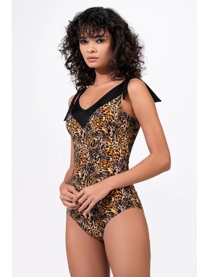 Endeep Kadın Leopar Desenli Yaka Toparlayıcı Mayo