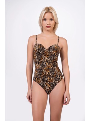 Endeep Kadın Leopar Desenli Askılı Büzgü Detaylı Destekli Tek Parça Mayo