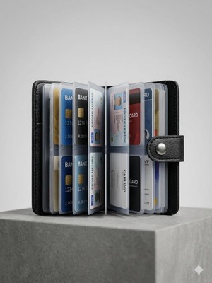 Abnturk 24 Bölmeli Çıtçıtlı Deri Kartlık -Siyah Deri Görünümlü  Şık ve Kompakt Ünisex Kart Cüzdanı