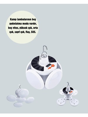 Decostyle Güneş Paneliyle Şarj Olan Katlanabilir LED Çadır Lambası – 5 Kademeli Aydınlatma