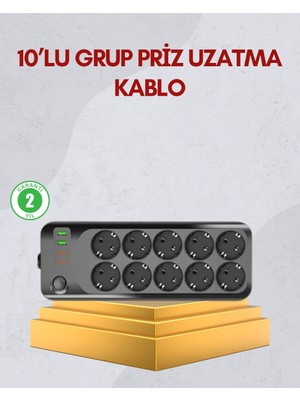 Decostyle 10 Prizli Uzatma Kablosu Termal Koruma USB Type-C Hızlı Şarj 2500W