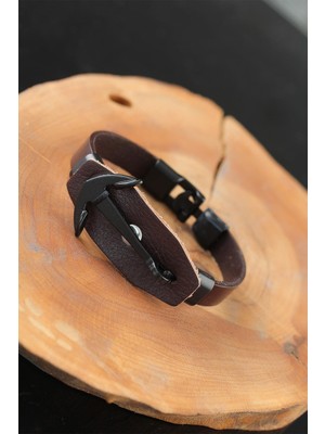 Aydogan's Siyah Deniz Çapalı Çelik Aksesuarlı Kahverengi Deri Erkek Bileklik - TJ-EB2537-KS