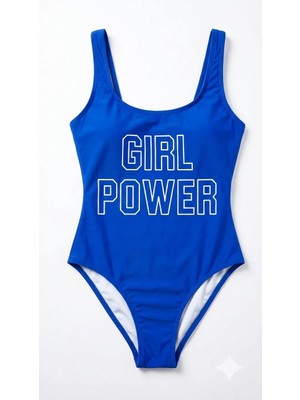 Zi Mavi Dar Kalıp Girl Power Baskılı Mayo