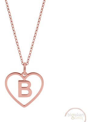 Bigakan B Harfli Kalpli Kolye Taşsız Model 925 Ayar Gümüş Kadın Kolye Rose Kaplama