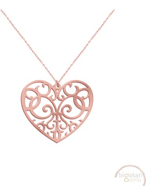 Bigakan Spiral Motifli Kalp Taşsız Model 925 Ayar Gümüş Kadın Kolye Rose Kaplama