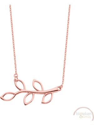 Bigakan Zeytin Dalı Yatay Taşsız Model 925 Ayar Gümüş Kadın Kolye Rose Kaplama