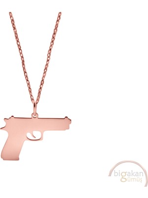 Bigakan Silah Tabanca Taşsız Model 925 Ayar Gümüş Kadın Kolye Rose Kaplama