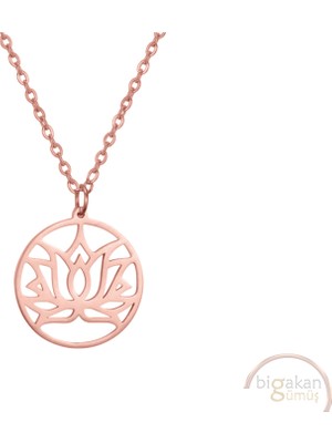 Bigakan Lotus Çiçeği Taşsız Model 925 Ayar Gümüş Kadın Kolye Rose Kaplama