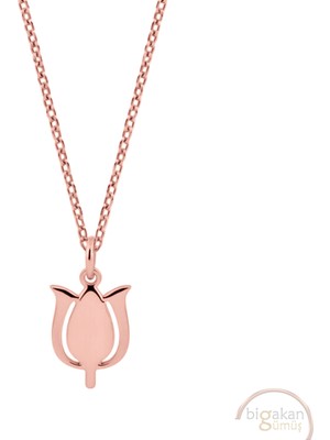 Bigakan Lale Motifi Sade Taşsız Model 925 Ayar Gümüş Kadın Kolye Rose Kaplama