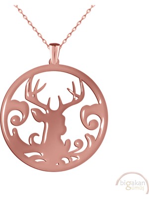 Bigakan Geyik Madalyon Taşsız Model 925 Ayar Gümüş Kadın Kolye Rose Kaplama