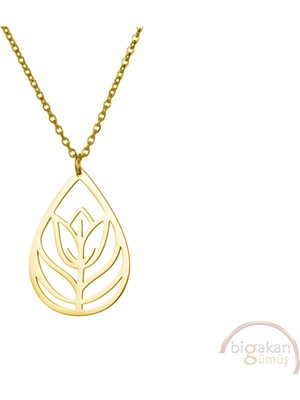 Bigakan Su Damlası Madalyon Lale Taşsız Model 925 Ayar Gümüş Kadın Kolye Altın Kaplama