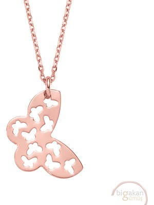 Bigakan Kelebek Taşsız Model 925 Ayar Gümüş Kadın Kolye Rose Kaplama