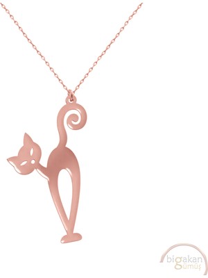 Bigakan Kedi Taşsız Model 925 Ayar Gümüş Kadın Kolye Rose Kaplama