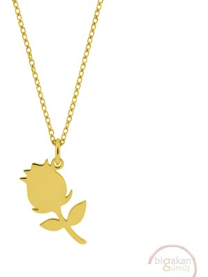 Bigakan Lale Yapraklı Taşsız Model 925 Ayar Gümüş Kadın Kolye Altın Kaplama