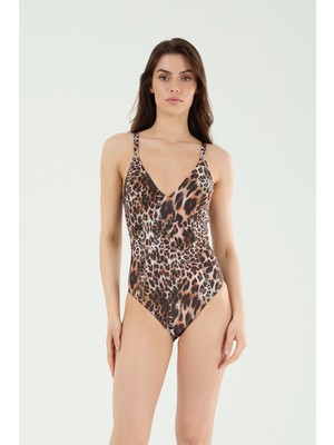 Louren Kadın Leopar Desenli Çıkarılabilir Ince Kaplı V Yaka Mayo