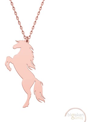Bigakan Şaha Kalkmış At Taşsız Model 925 Ayar Gümüş Kadın Kolye Rose Kaplama