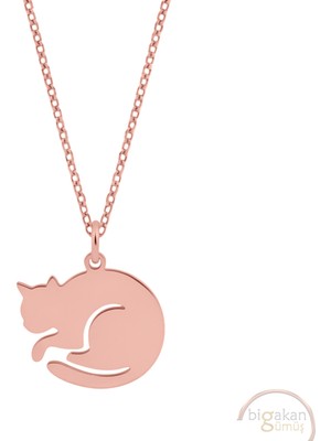 Bigakan Uyuyan Kedi Taşsız Model 925 Ayar Gümüş Kadın Kolye Rose Kaplama