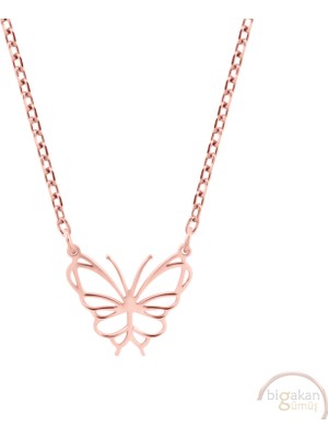 Bigakan Kelebek Taşsız Model 925 Ayar Gümüş Kadın Kolye Rose Kaplama