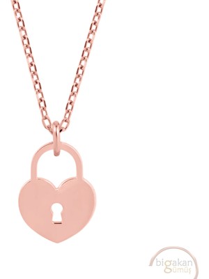 Bigakan Kalp Kilidi Taşsız Model 925 Ayar Gümüş Kadın Kolye Rose Kaplama