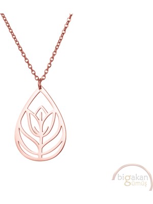 Bigakan Su Damlası Madalyon Lale Taşsız Model 925 Ayar Gümüş Kadın Kolye Rose Kaplama