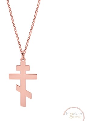 Bigakan Orthodox Cross Haç Taşsız Model 925 Ayar Gümüş Kadın Kolye Rose Kaplama