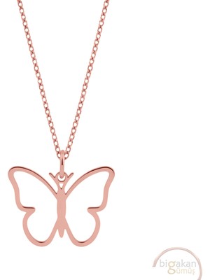 Bigakan Kelebek Zarif Ince Taşsız Model 925 Ayar Gümüş Kadın Kolye Rose Kaplama