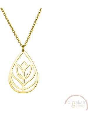 Bigakan Lale Çiçeği Damla Gümüş Kolye Taşsız Model 925 Ayar Gümüş Kadın Kolye Altın Kaplama