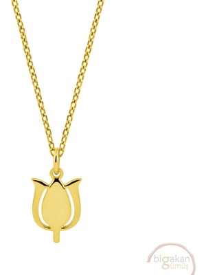 Bigakan Lale Motifi Sade Taşsız Model 925 Ayar Gümüş Kadın Kolye Altın Kaplama