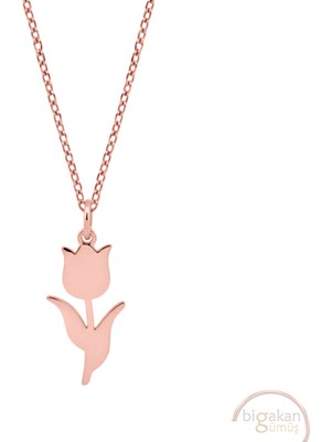 Bigakan Lale Taşsız Model 925 Ayar Gümüş Kadın Kolye Rose Kaplama