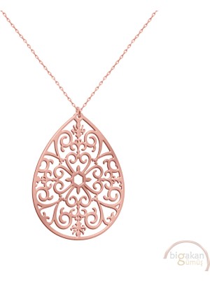 Bigakan Spiral Motifli Damla Taşsız Model 925 Ayar Gümüş Kadın Kolye Rose Kaplama