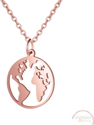 Bigakan Dünya Haritası Taşsız Model 925 Ayar Gümüş Kadın Kolye Rose Kaplama
