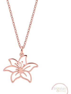 Bigakan Zambak Lilyum Çiçeği Taşsız Model 925 Ayar Gümüş Kadın Kolye Rose Kaplama