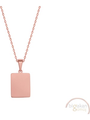 Bigakan Dikdörtgen Sade Kolye Taşsız Model 925 Ayar Gümüş Kadın Kolye Rose Kaplama