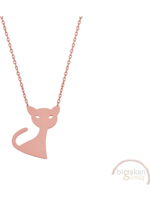 Bigakan Kedi Taşsız Model 925 Ayar Gümüş Kadın Kolye Rose Kaplama