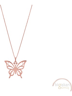 Bigakan Minimalist Kelebek Lazer Kesim Taşsız Model 925 Ayar Gümüş Kadın Kolye Rose Kaplama