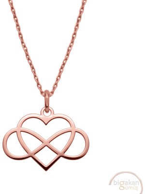 Bigakan Sonsuzluk Kalp Zarif Sade Içiçe Taşsız Model 925 Ayar Gümüş Kadın Kolye Rose Kaplama