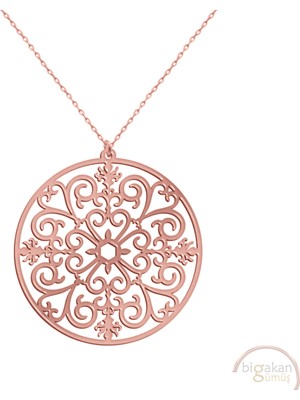 Bigakan Spiral Motifli Daire Taşsız Model 925 Ayar Gümüş Kadın Kolye Rose Kaplama