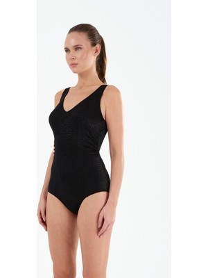 Louren Kadın Kendinden Desenli Ince Kaplı V Yaka Toparlayıcı Korseli Mayo