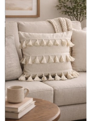 Nurgita Home Bohem Yastık Kılıfı & Punch Püsküllü Kırlent Kılıfı & Ham Keten Dekoratif Kırlent