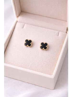 Decostyle Altın Renk Çerçeveli Siyah Yonca Çelik Küpe Model 3 – Kararmaz, Paslanmaz, Minimal &amp; Şık Kadın Küpesi