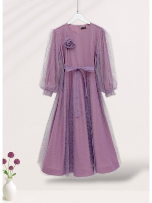 Moda Morfo Kolu Lastikli Kuşaklı Simli Kabarık Tül  Abiye -Lila