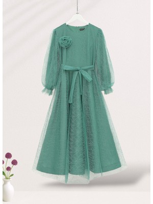 Modamorfo Kolu Lastikli Kuşaklı Simli Kabarık Tül  Abiye -Çağla Y.