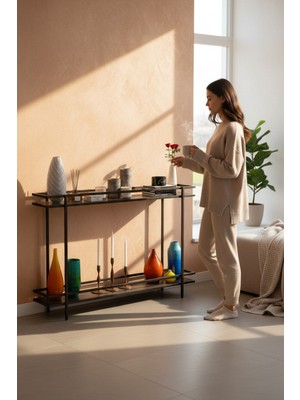 Feyza Design Şık Siyah 2 Katlı Füme Temper Camlı Çerçeveli Konsol Dresuar