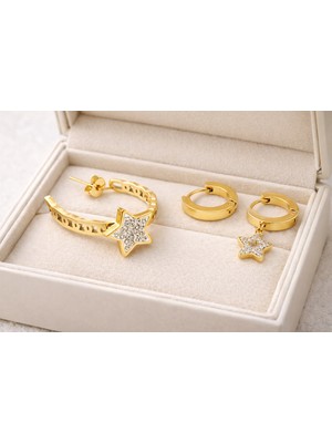 Decostyle Çelik Halka Küpe Seti 3’lü Küpe Model 6 – Yıldız Detaylı &amp; Sade Mini Halka, Kararma Yapmaz, Asimetrik Şık Tasarım