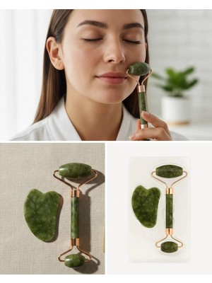 Decostyle Doğal Yeşim Taşı Yüz Masaj Roller ve Gua Sha Seti 2 Parça