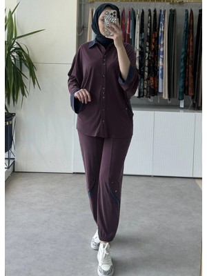 Tığ Triko Kontrast Renk Garnili Metal Çıtçıtlı Tunik Pantolon Takım Bordo
