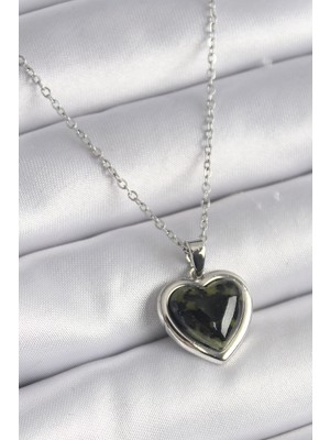 Aydogan's 316L Çelik Gümüş Renk Yeşil Mineli Kalp Model Kadın Kolye - TJ-BKO9526