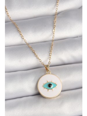 Aydogan's 316L Çelik Gold Renk Zincir Beyaz Mineli Turkuaz Göz Işleme Model Kadın Kolye - TJ-BKO9730