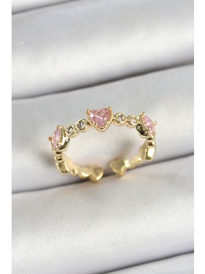 Aydogan's Pirinç Sıralı Kalp Figürlü Zirkon Taşlı Gold Renk Ayarlanabilir Kadın Yüzük - TJ-BYK3756